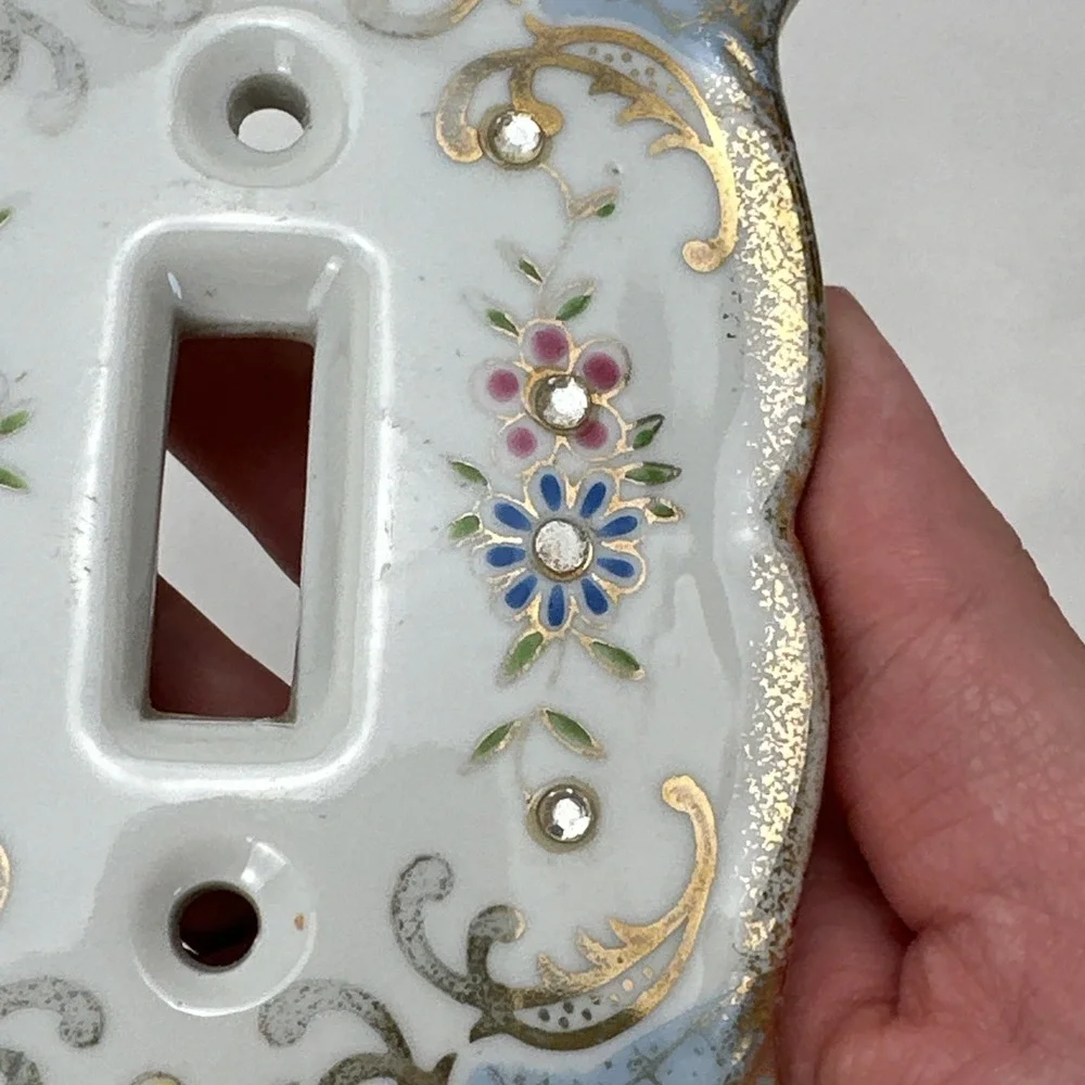 Vintage Lefton's Floral Rhinestones Porcelain Light Switch Plate Cover Blue 2685